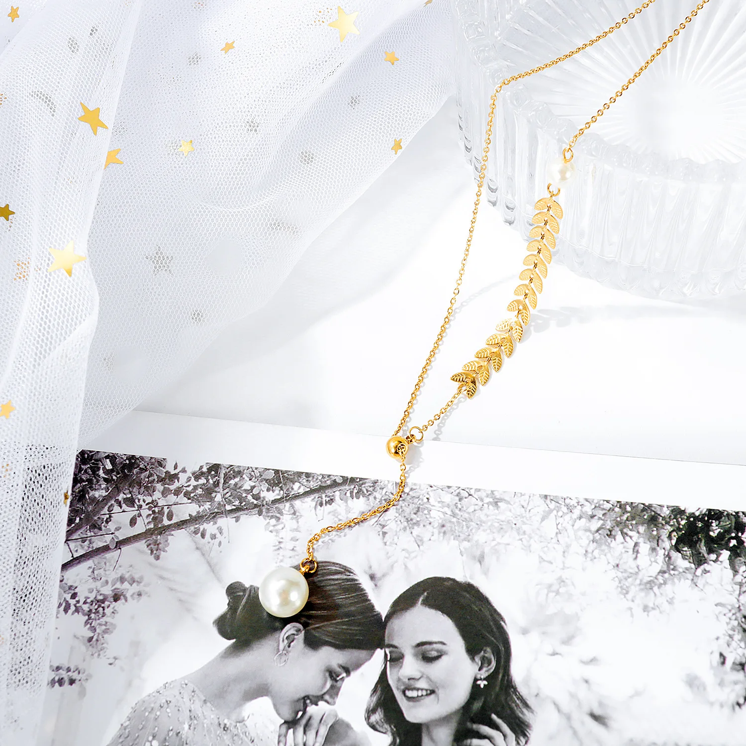 24K gold plated fashion charm female phoenix tail pearl Tassel Necklace stainless steel ear of wheat shape hybrid Necklace