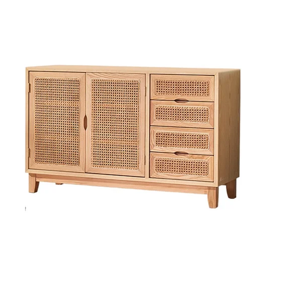 Modern Simple Style Solid Wood Rattan Side Porch Storage Bucket Cabinet Antique Design for Home Bedroom Hall and Mall Use