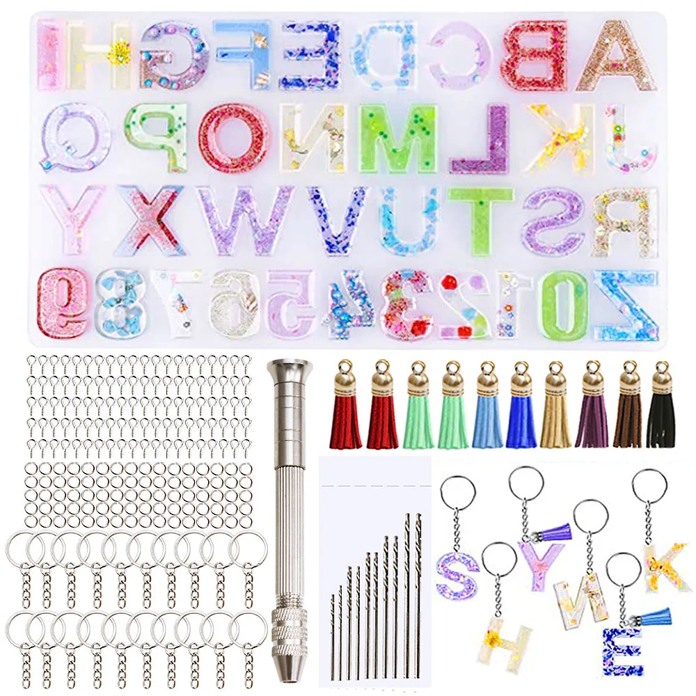 Homesun 242 pieces Diy Crystal Mirror Epoxy Resin Eco-friendly Number Alphabet Letter Keychain Silicone Mold Craft Kit