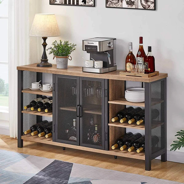 Industrial Style Wood Wine & Coffee Bar Cabinet Sideboard Table Set for Dining Living Room Bedroom Use