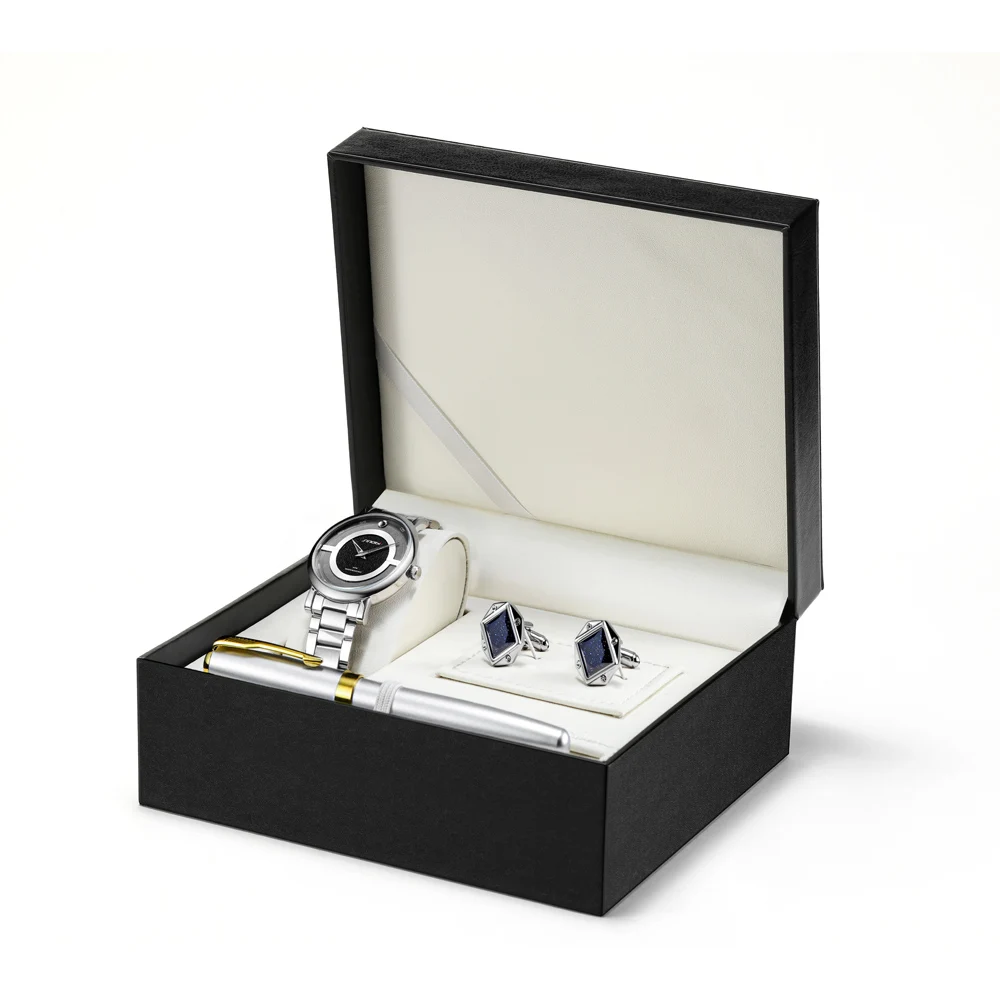 SINOBI Wholesale Exquisite Luxury Business Gift Set With Box Cuff links Fountain Pen Suit Quartz mens watch sets