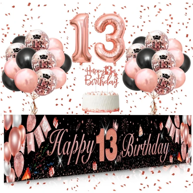 Girl Happy 13th Birthday Party Banners table runners Cake Toppers 13 foil Balloons printed helium latex confetti balloons Decor