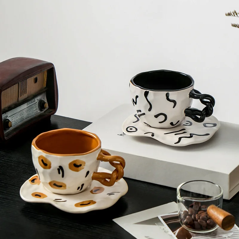 Nordic Creative 280ml Retro Hand Painted Ceramic Mugs with Saucer Irregular Handmade Pottery Mugs Set