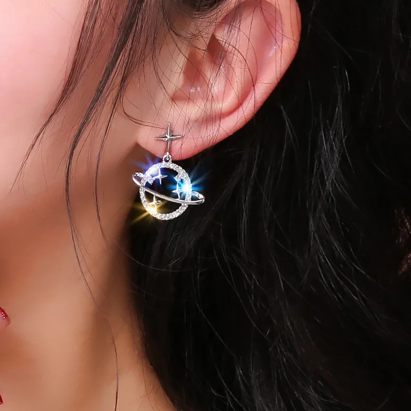 SC Fully Diamond Earrings Shiny Lovely Starry Sky Earrings Light Luxurious Universe Earrings For Students