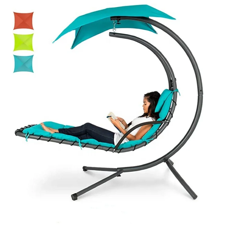 Best Choice Products Outdoor Hanging Curved Steel Chaise Lounge Chair Swing With Pillow And Removable Canopy