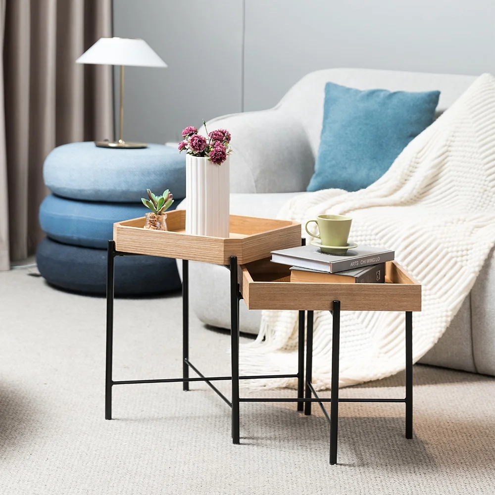 Minimalist design modern ash veneered coffee table set for living room 2 pcs set side table