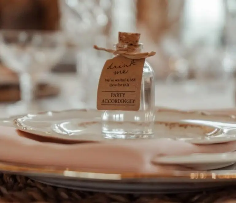 Wedding Favour Bottles - Glass with Wood Cork - Personalised Labels - Shot Bottle 50ml