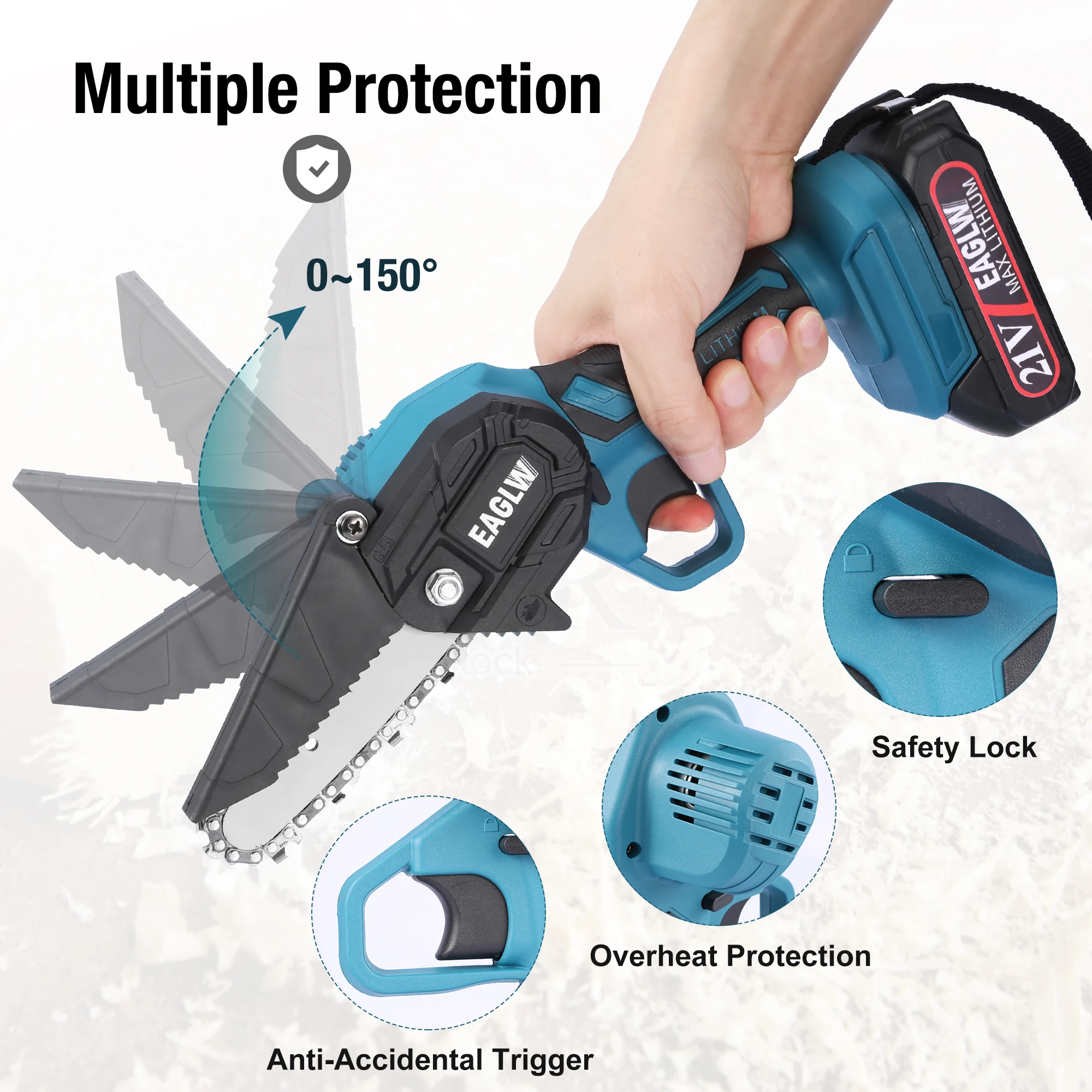 
Cordless high power handhold 4 inches chainsaw set with safety lock, 2 batteries 21V (support customization 6~10 inches) 