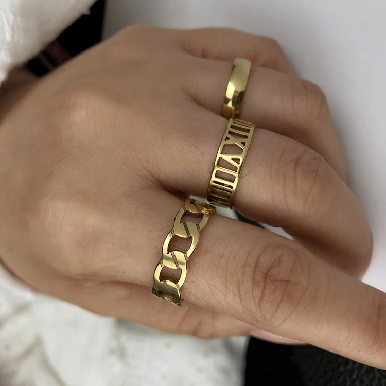 
Geometric chain Roman numeral titanium finger ring three piece set men women gold stainless steel rings 