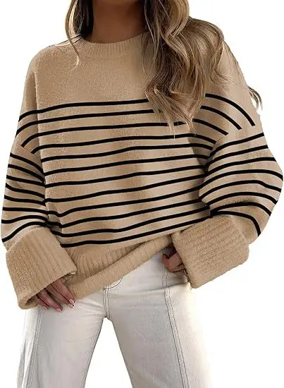 2024 OEM ODM Hot Sale Wholesale Manufacturer Stripe Baggy Sweater Women Pullover  Autumn Winter Loose Knitted Tops