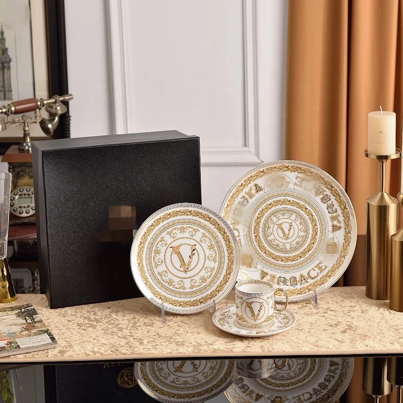 Luxury V Dinner Plates Dinnerware Set Royal Bone China 4-pcs Set with Logo Ceramic Business Gifts Dinner Set