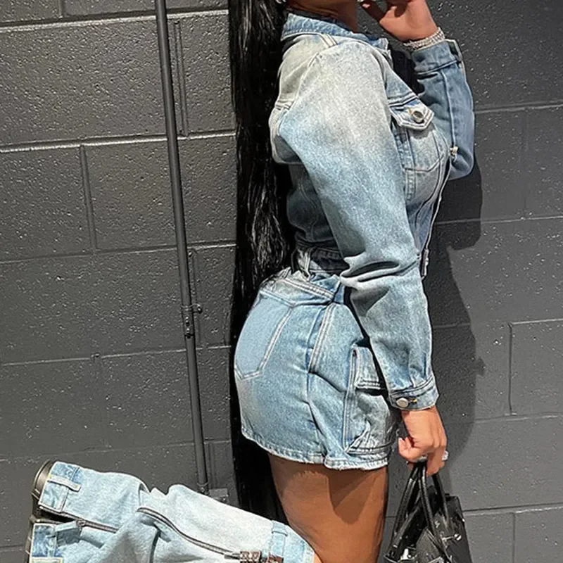 2024 Fashion Designer Long Sleeves Ladies Light Blue Cargo StreetWear Washed Denim Short Dress Women
