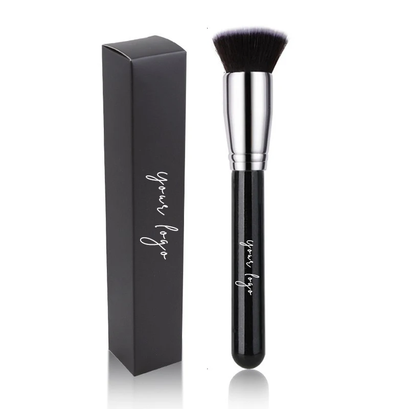 High Quality Private Label Black And Gold Long Wood Handle Kabuki Makeup Single Liquid Flat Foundation Brush With Package
