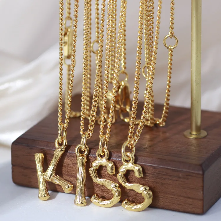 18K Gold PLated Kiss Love Bamboo Shape 26 A-Z Initial Letter  Pendant Necklace