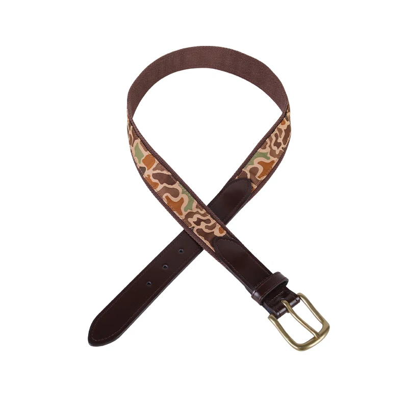 Factory Custom Logo Genuine Leather Tip Canvas Woven Ribbon Keychain Men Belts for Golf Casual Jeans