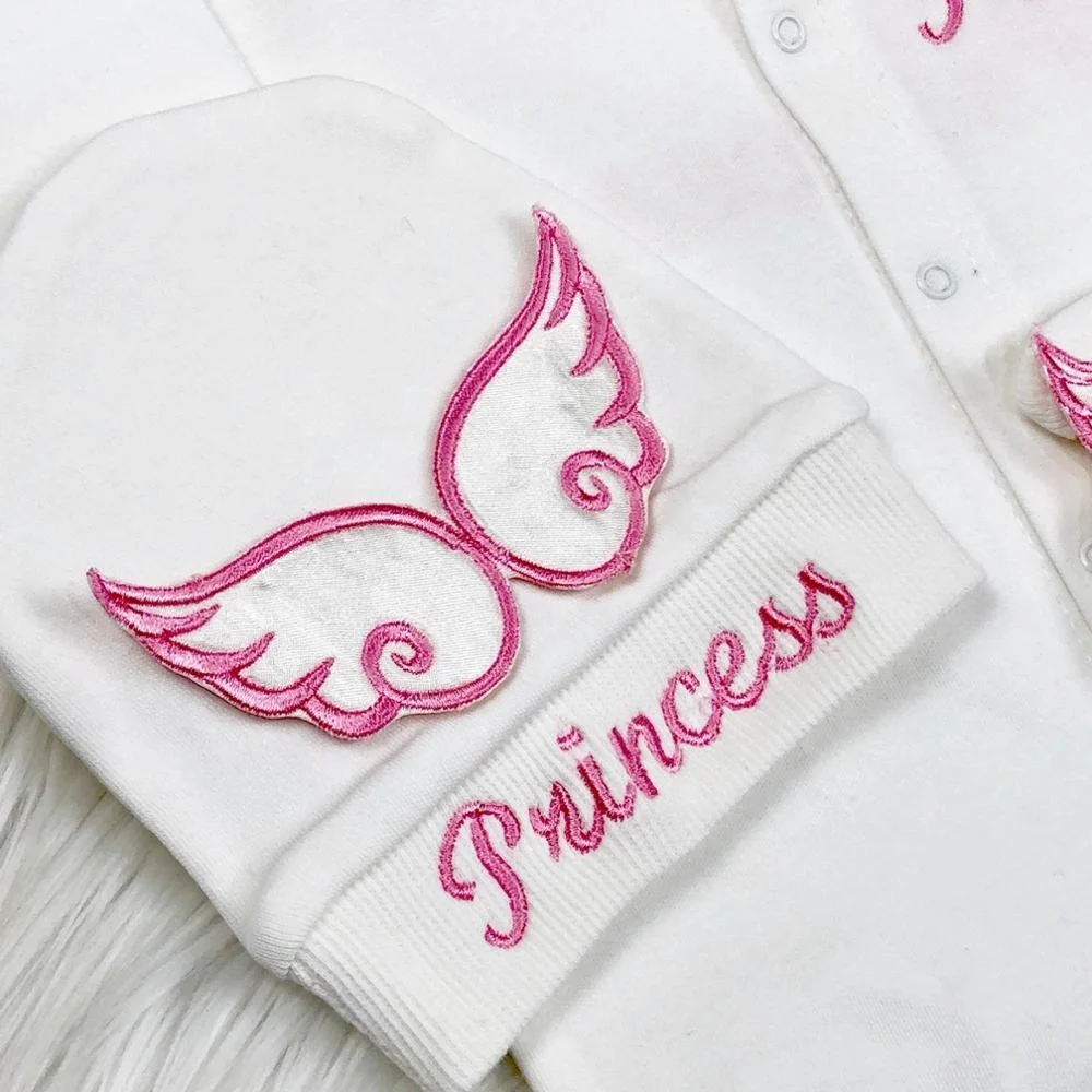 4 Pieces 100% Cotton Fabric Knitted Wholesale Embroidery Long Sleeve Bamboo Bubble High Quality Modern Newborn Angel Pink Set