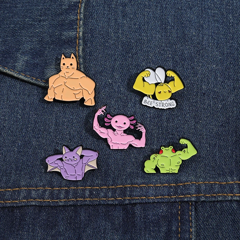 Creative Muscular Animal Enamel Brooch Funny Bee Cat Bat Image Backpack Badge Clothing Accessories Gift Jewelry for Friends