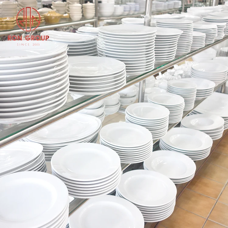 Round crockery flat wholesale opal plates hotel dining kitchen white restaurant porcelain dinner ceramic plates dishes set