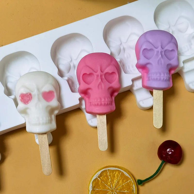 3D Diy skulls Popsicle ice cream silicone mold mould Six squares with cover and ice cream Household Home-made popsicle ice cream