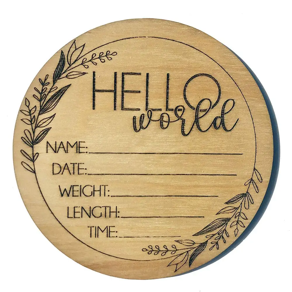Hello World Birth Announcement Sign Wooden Plaque for Baby Name and Birth Details Celestial Newborn Gift