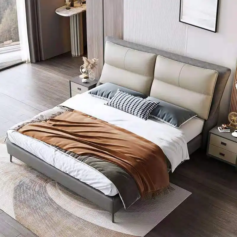 
Leather King Size Design Modern Style Bed Soft Bed Nordic Style Bedroom Master Bedroom 1.5M Double Wooden plus Faux Leather 