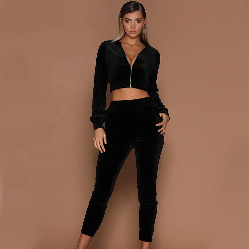 Wholesale fall set woman velvet cropped hoodie zip custom logo two piece sets ladies zipper velvet crop top tracksuits for woman