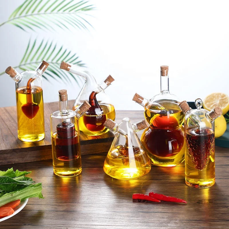 Oil and Vinegar Dispenser Set 2 In 1 Double Layer Glass Olive Oil Bottle with Cork Stoppers