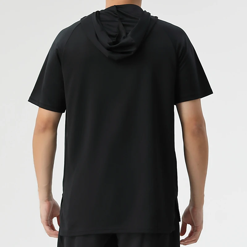 100% Polyester Short Sleeve Gym Shirt Hooded Men Side Split Quick Dry Shirt Wholesale Blank Sport T Shirt