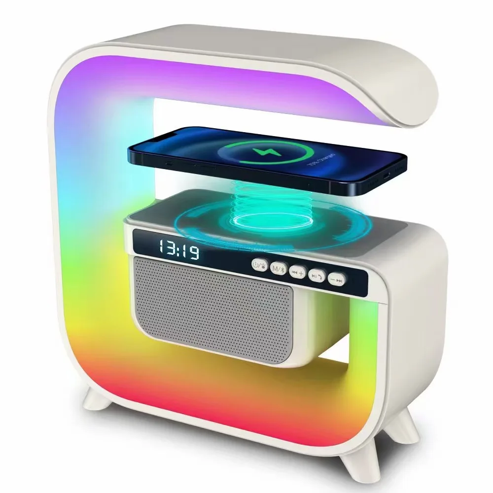 Big G light bluetooth speaker 15W wireless fast charge dazzling color ambient light clock alarm clock radio audio 2301