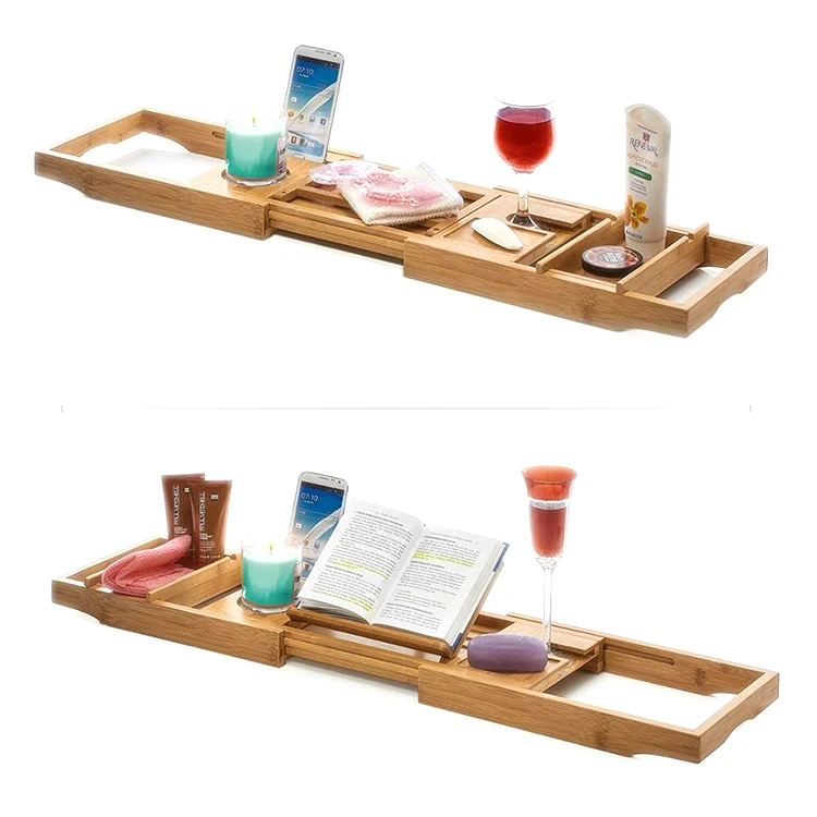 Оптовая продажа, регулируемый поднос для ванны ручной работы с вешалкой для чтения, роскошные бамбуковые аксессуары для ванной комнаты, стойка для ванны