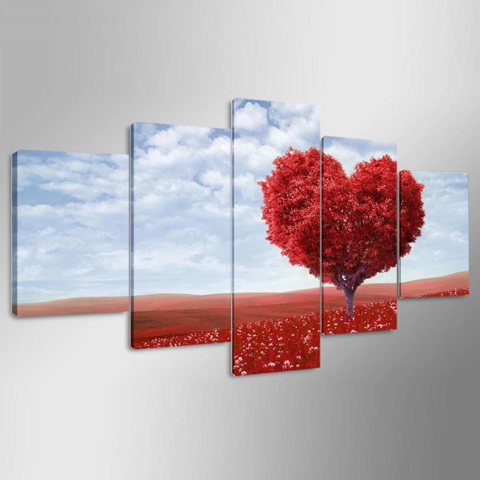 5 Panels Red Loving Heart Tree Wall Art Posters For Modern Home Decor HD Canvas Painting Living Room Modular Pictures