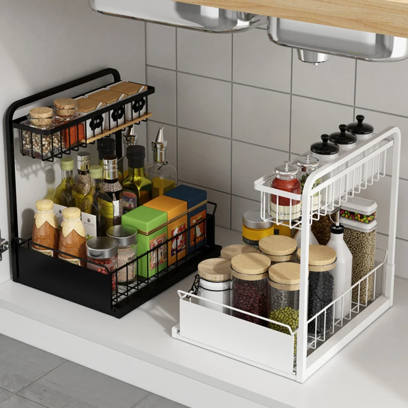 Amazon 2021 Best Sale Canned Snacks Storage Rack Two Sizes Of Black White Lower Cabinet Can Pull-out Design Storage Shelf