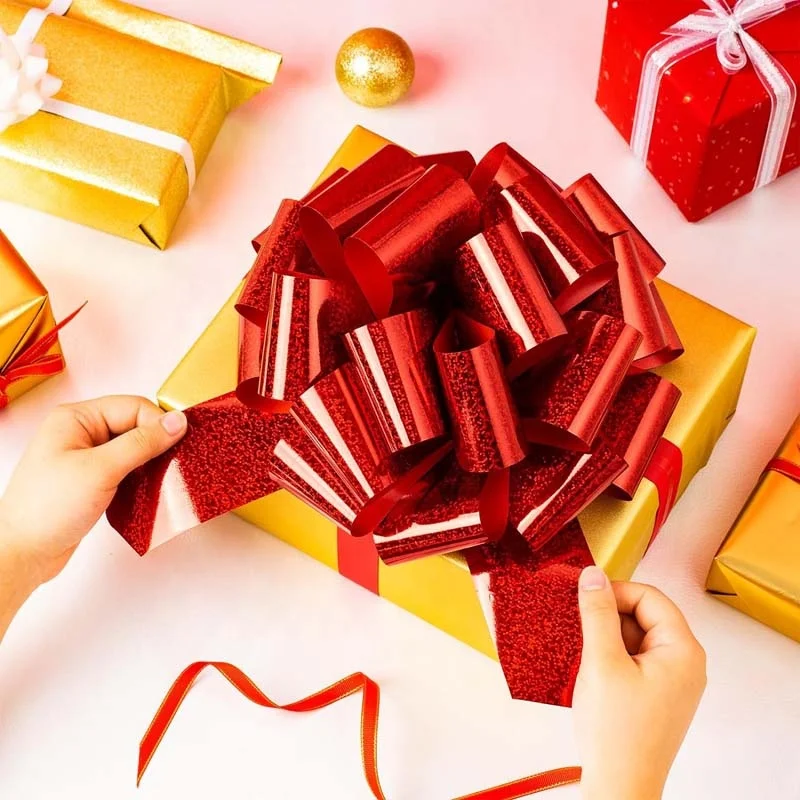 6/10/24 inch large Pull Up Christmas Gift Organza Flower Pom Pom Pull String Bow Ribbon for Car Door Flower Packing