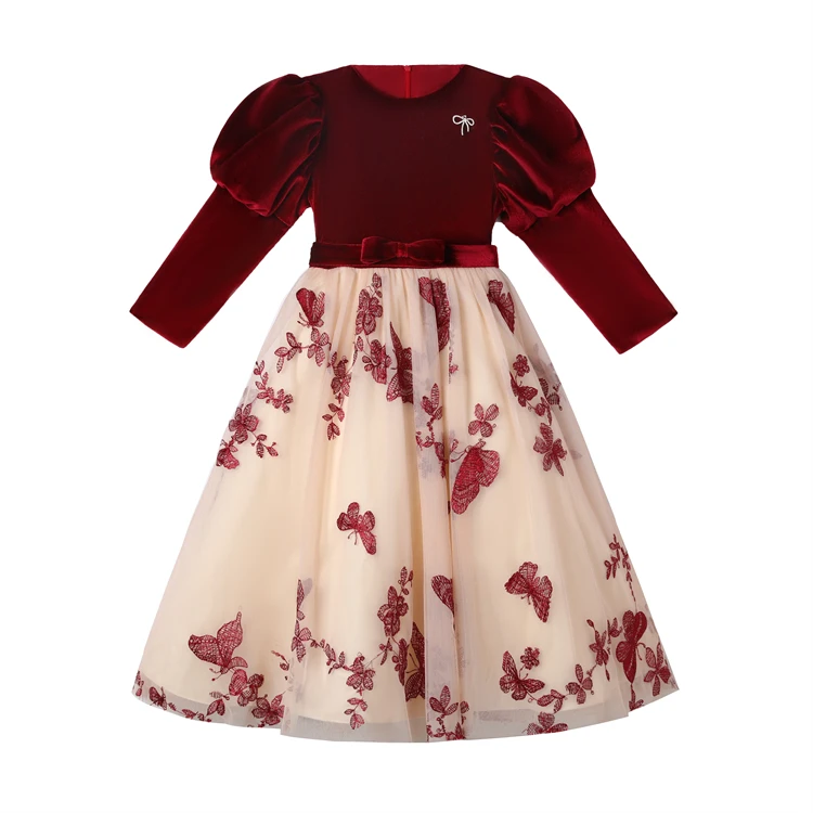 Fashion long sleeve o collar floral print patchwork princess dresses for girls clothing