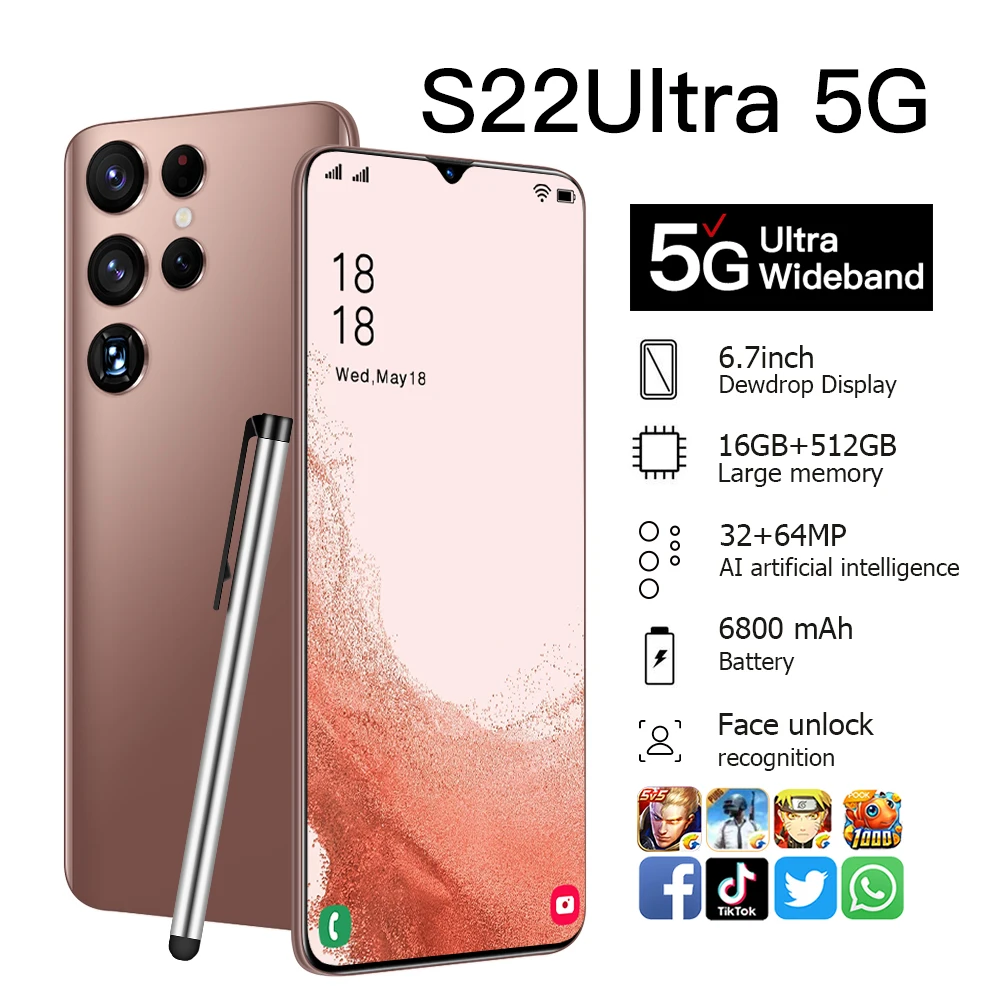 Free memory card Grade A+ Smartphones 16GB+512GB Smartphone 6.7 inch Cellular phone With Face Unlock/GPS 6800mah large battery