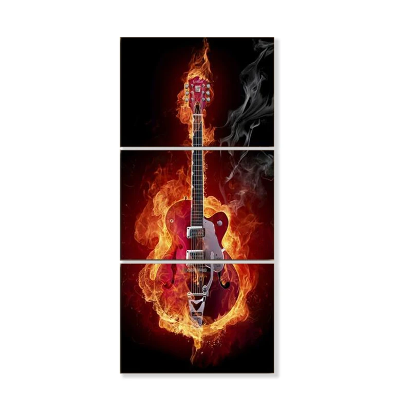 Music Art 3 Panel Wall Painting Modern Home Decors Black Burning Guitar  Art Pictures Decorn On Canvas Painting Printed