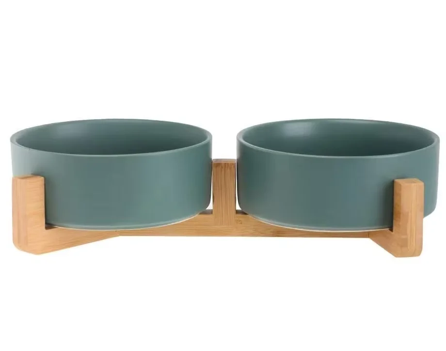 Pet Food Water Feeder Stand with Bowl Set of 2 Cat and Small Dog Ceramic Dish with Bamboo Stand