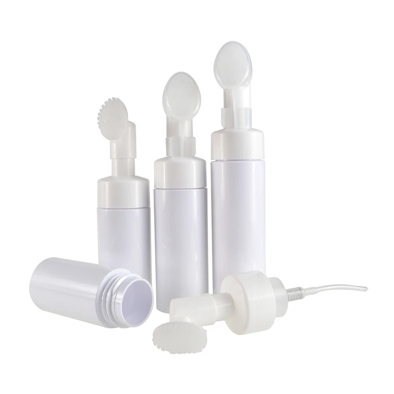 Facial cleanser 30ml 50ml 100ml 150ml 200ml clear white  PET plastic mousse foam pump bottle with silicone brush