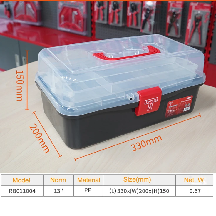13 Inches Multifunctional Toolbox Tool Box Transparent PP Plastic High Quality OEM Red Hidden Hard Plastic Cargo Box Rolling