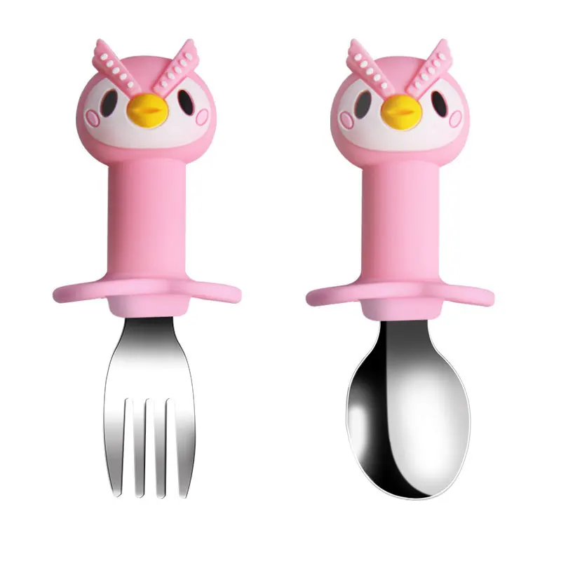 Manufacturer Supply Food Grade Silicone Owl Shape Baby Dinner Feeding Plate With Stainless Steel Spoon And Fork