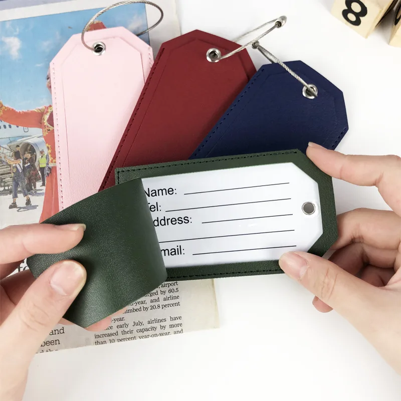 Custom Logo PU Leather Travel Luggage Tag Baggage ID Name Labels With Metal Hang Ring