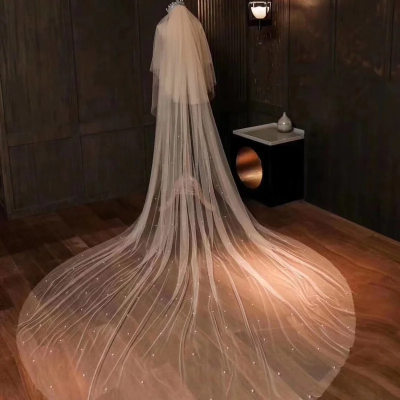 Ins Hot Handmade Factory Ivory Soft Tulle Pearl Bridal Veil Customized Vintage Evenly Spaced Small Pearl Wedding Bridal Veil