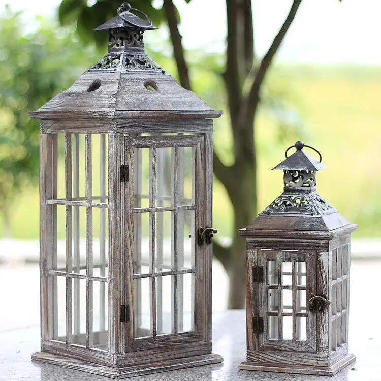 Nordic retro old wind lamp floor gift wind proof iron glass candlestick wooden candle holder metal lanterns and candle jars