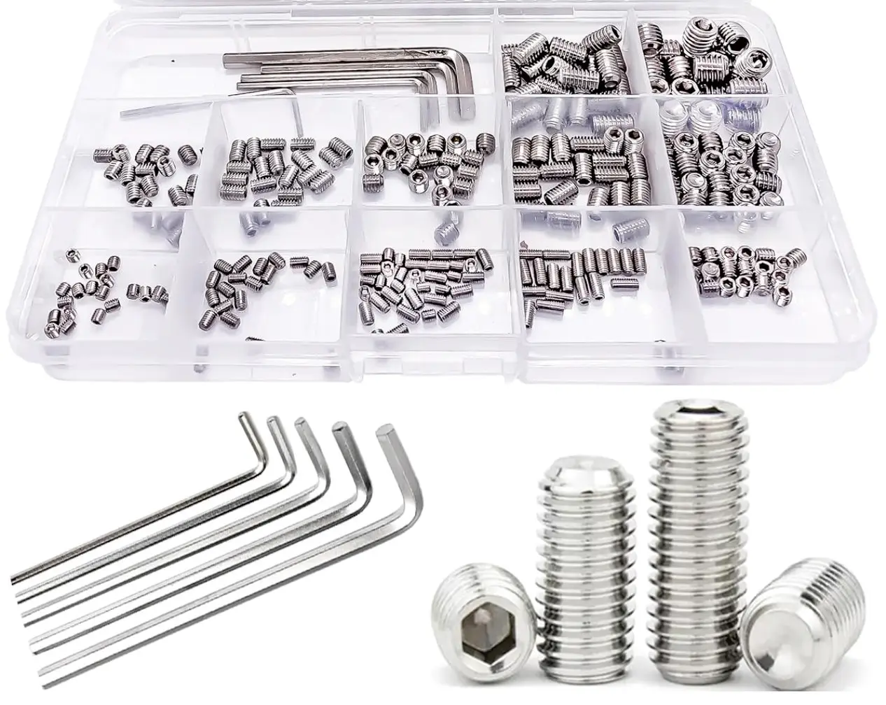 SS304 Socket Set Screws Assortment Kit, M3 M4 M5 M6 M8 Grub Screws with Hexagon Socket for Door Handles, Light Fixture (Metric)