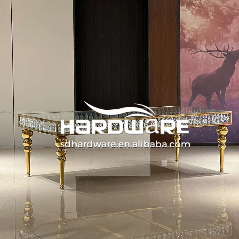 Stainless steel frame crystal decor luxury wedding dining square tables