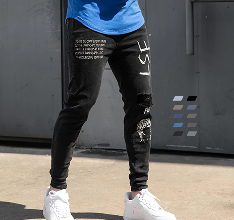 High Street Fashion Mens Jeans Night Club Black White Color Personal Designer Printed Jeans Men Punk Pants Skinny Hip Hop Jeans