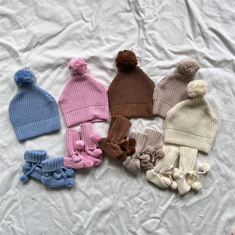 Matched Boots And Hat Gift Set Natural Rose Pink Knitted Newborn Baby Bobtail Booties Crochet Pattern With Pom Pom