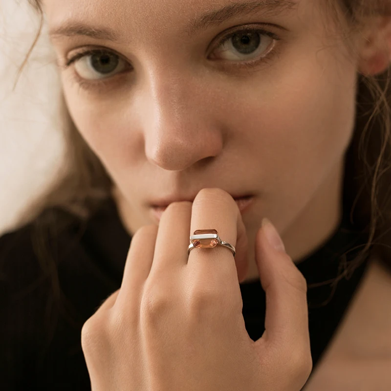 Simple fashion 8*10mm flat bottom rectangular cut angle alumina open ring 925 sterling silver ring