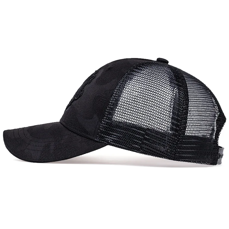Custom cotton plain curved brim 5 panel embroidered black mesh with applique logo baseball trucker cap