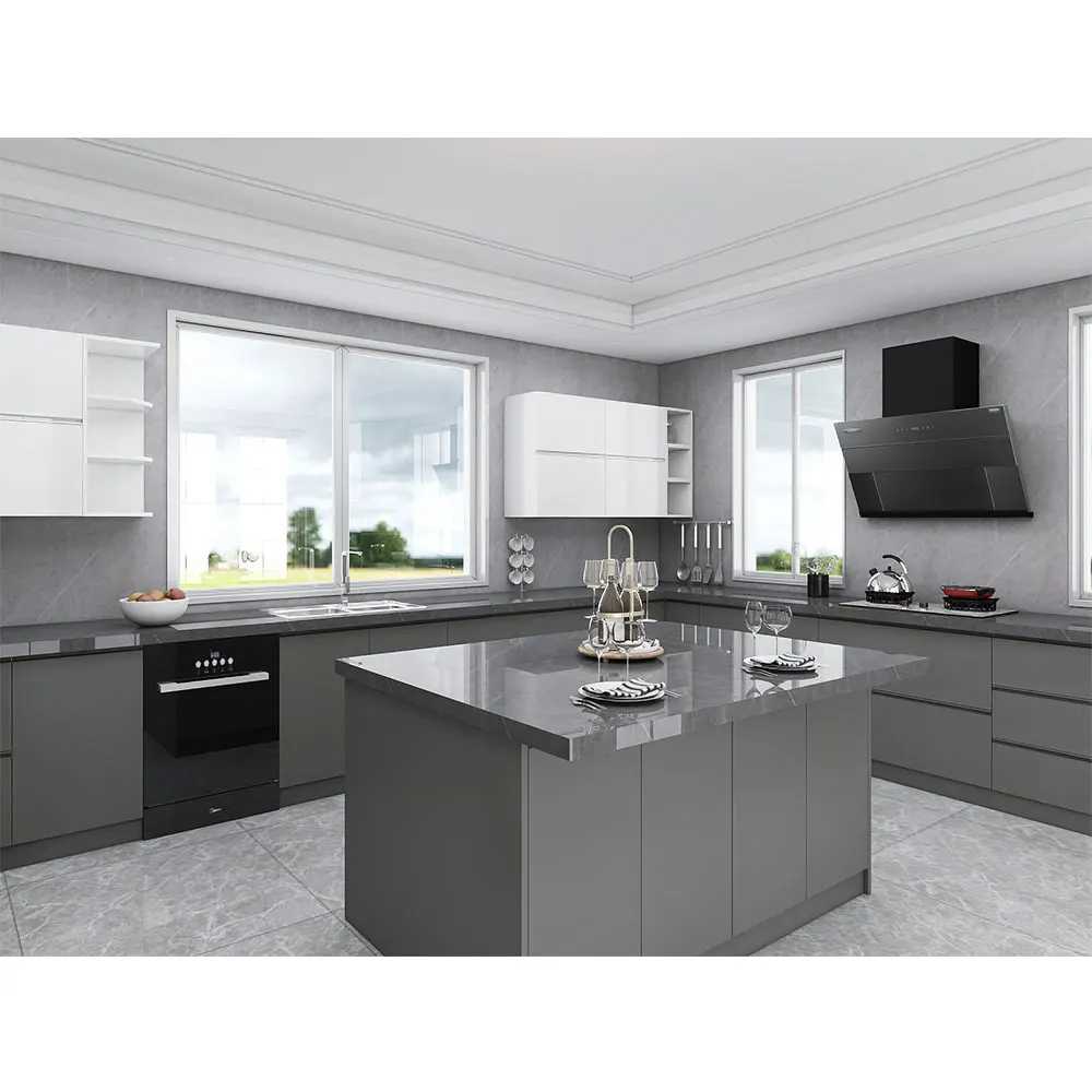 High Gloss Modern Kitchen Cabinet Designs Grey Base Cabinet and White Wall Cabinet